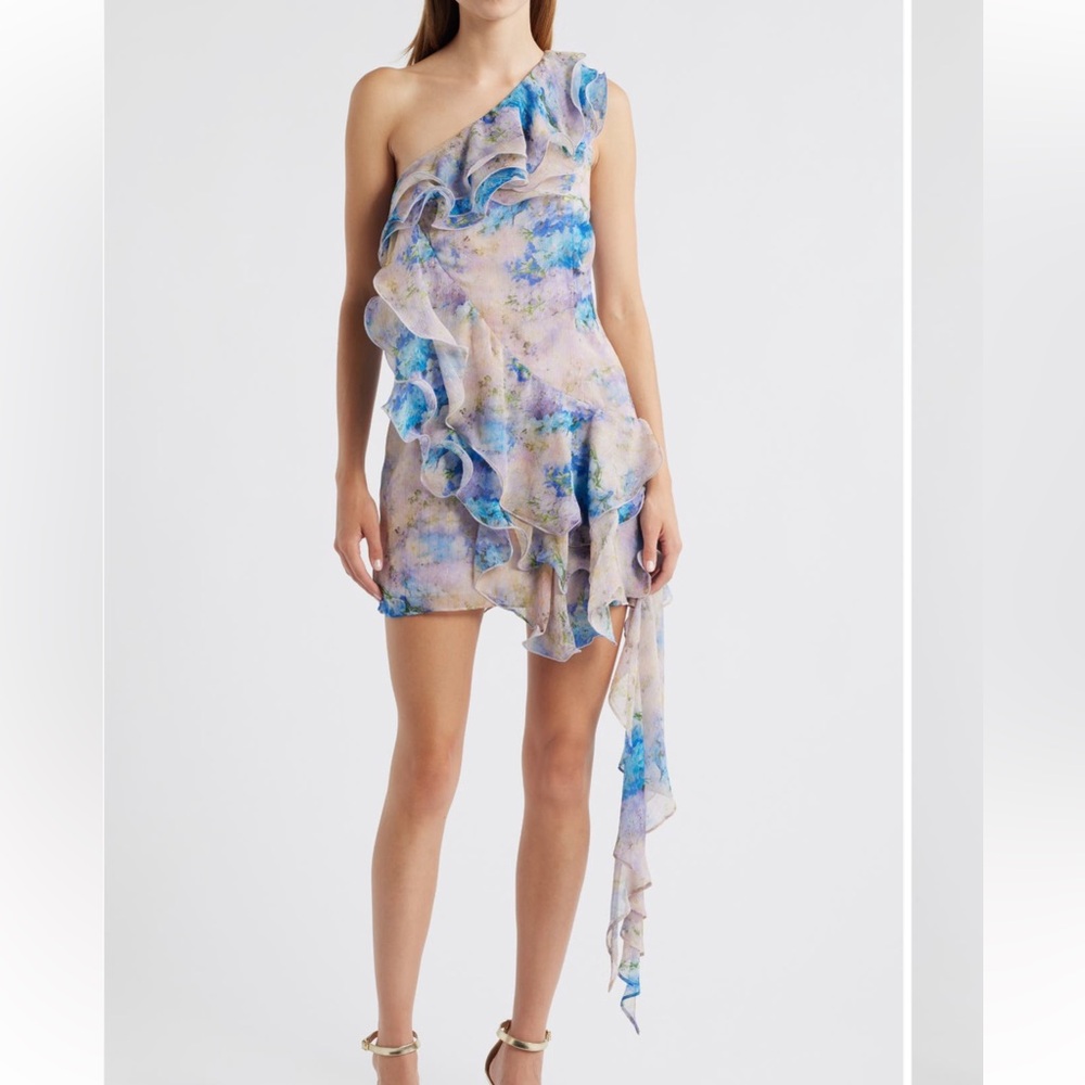 Elliatt One Shoulder Blue and Cream Dress